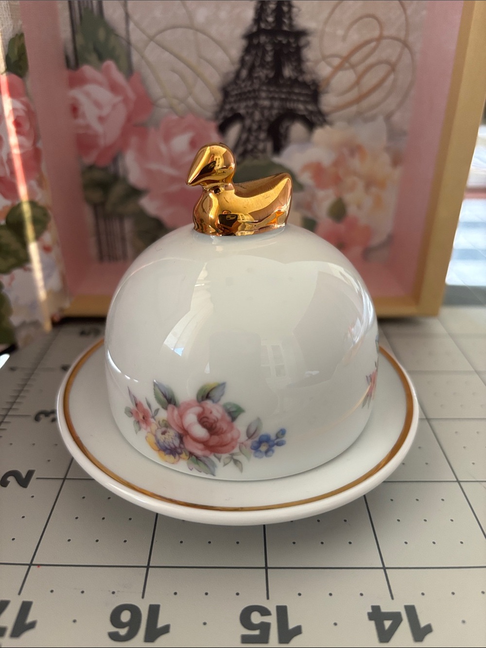 White Floral Porcelain Butter Dish with Gold Duck Accent Limoges France